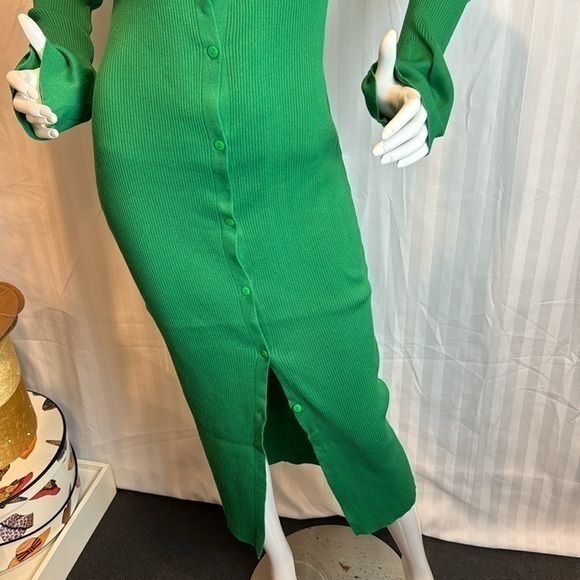 Micas Green Rib Knitted Collared Button Strips Flared Dress Size Large RefI027 - Picture 15 of 17